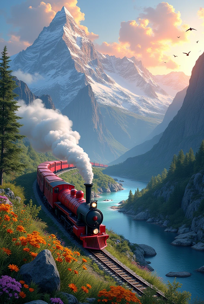 “A red train traveling through a mountainous region, a river flowing through the valley, lush greenery, colorful wildflowers, snow-capped mountains, sunrise or sunset sky, birds flying”