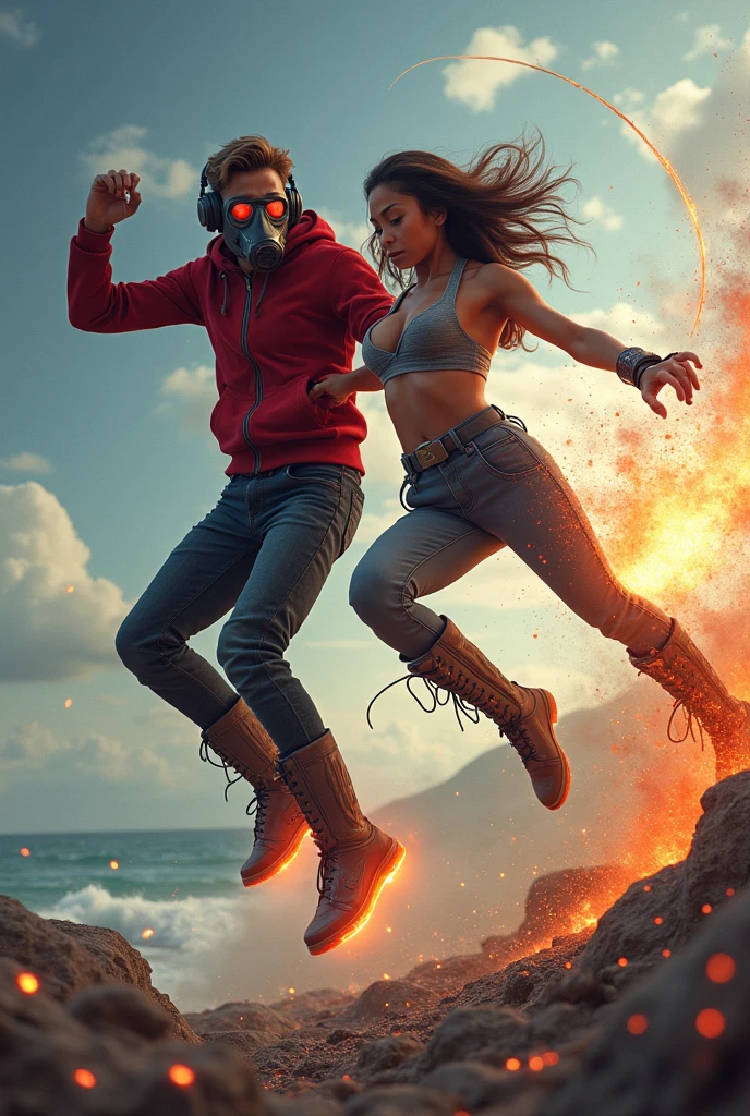 kid Star-Lord with red hoodie, Rocket boots, headphones, star-lord helmet, gas helmet, Covered mouth, Round & red eyes + zendaya, big breasts, perfect body, Busty, realistic, power, Kick, Attack, magic rings in the hands, Fighting, power, fiction, full body, 2 persons, magic lasso, hight, fall, fire in boots, powerful spells, realistic, war, ocean, spells, Cayendo del cielo, sleep, hug
