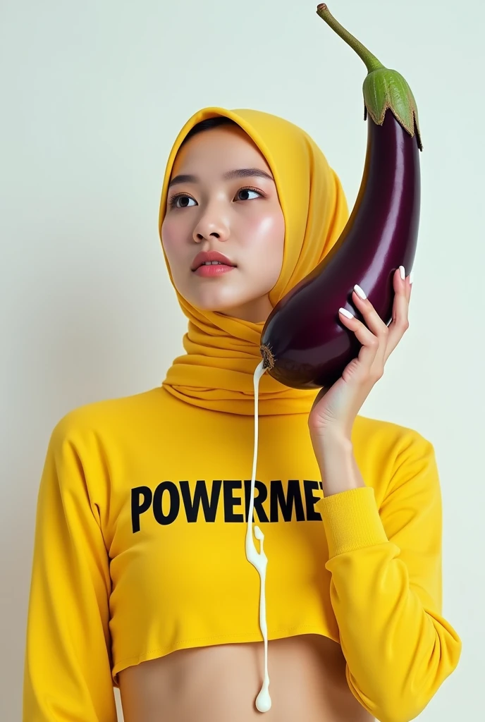 Beautiful Korean woman wearing a hijab, wearing a yellow crop top with the words "POWERMEN", right hand holding a long eggplant, at the end of the eggplant there are drops of condensed milk, left hand looking up, white begron