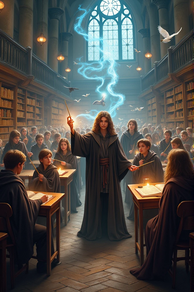The classroom is lively, with students practicing spells and magical creatures in the background.