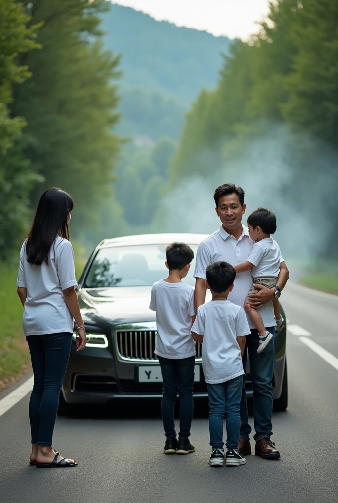 Photo facing the camera of a family standing next to a luxury car on the side of the road. Smoking car. His family member is a handsome Thai man, a woman with black hair, and 3 children wearing white shirts aged 5 years, 7 years and 9 years. The man held the hood of the car open. The woman was carrying the child. The child&#39;s eyes widened in surprise.. The background contains trees and a mountain highway.. Natural leaf green lighting