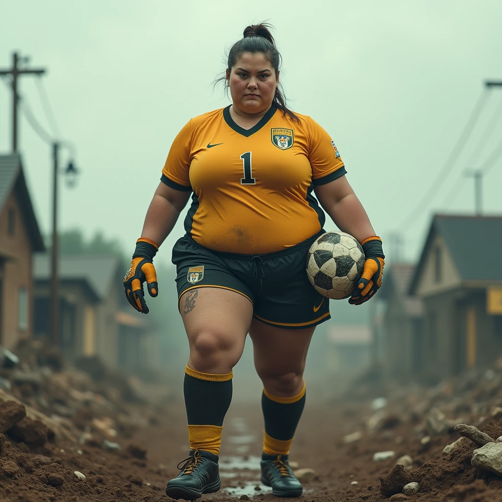 chubby soccer goalkeeper woman, [in sports suit, team shirt with number "1", shorts, socks and football boots.], (tra le mani con i guanti da portiere una palla da calcio), (masterpiece, best quality, best shadows, best shading, perfect hands, perfect face, cinematic lighting, colorful, ultra-detailed, beautiful photography, character focus, extremely-detailed, photorealistic, hyper photorealism, atmospheric), (rural destruction:1.7), (dirty, filthy, unwashed, sweaty, unkempt, angry, tired, exhausted, annoyed), ((walking, mid stride:1.2, stepping down on:1.2, stomping, crush, rampage)), (black patent Louboutin pointed toe pumps, high heels, stiletto heels), (high altitude photography, satellite view), (curvy, exposed cleavage, heaving bosom, legs), (urban sprawl, farmland and small towns, destruction, buildings, roads), (((cloudy, overcast, clouds and atmosphere partly obscuring the subject:1.2, hazy atmosphere, haze in foreground, wispy clouds)))