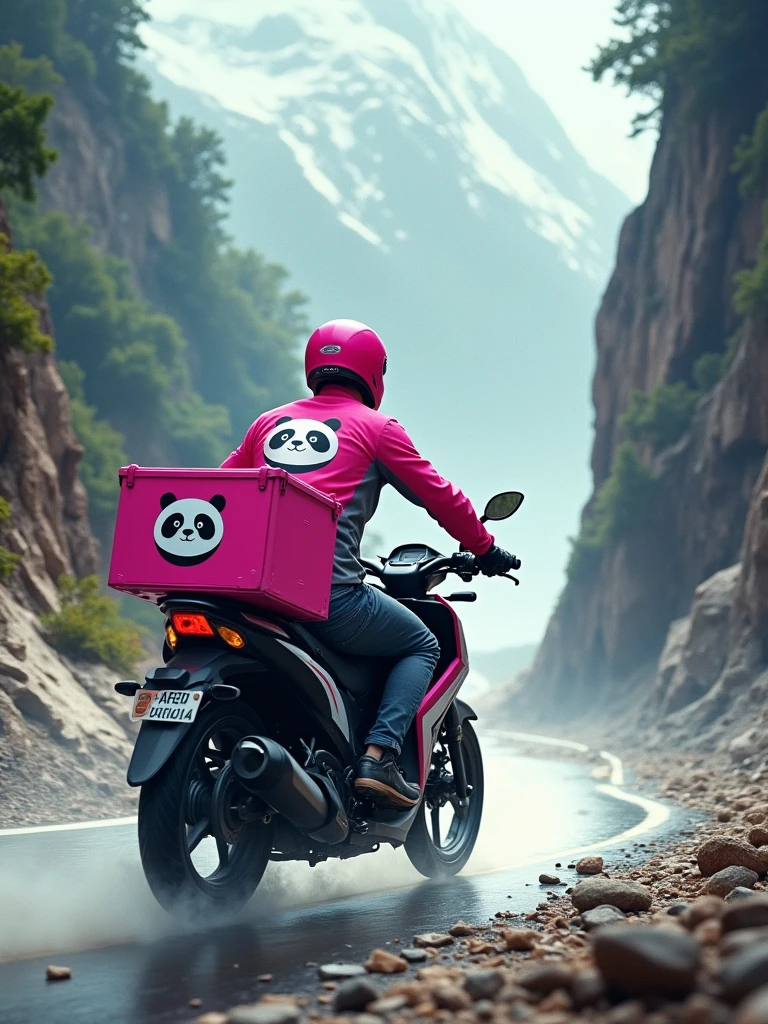 "A man in a Foodpanda pink and grey color uniform  desperately accelerates his Foodpanda delivery motorcycle with pink delivery box to escape a sudden landslide on a mountain road. Rocks and debris tumble down the slope behind him, the Foodpanda logo clearly visible as he races against the odds.