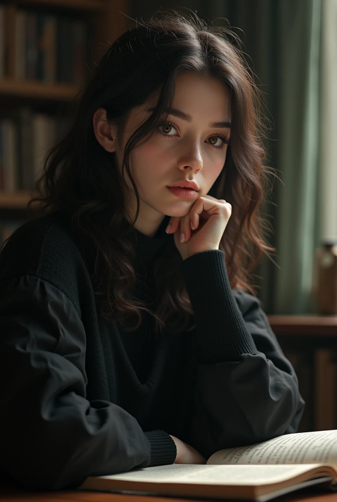 (photorealism:1.2), A young white woman with brown hair and dark brown eyes, 20 years old, a psychology student who likes cats, tea and darkness, Dark clothes and romantic literature, Gothic and poetry, I have a great taste for literature. I am very decisive and mostly objective with a strong inclination towards equality as well as maintaining agreements and having a very solid word.. I enjoy the tranquility, sincerity,  peace and stability, I like direct communication without hesitation or lies., I love word games