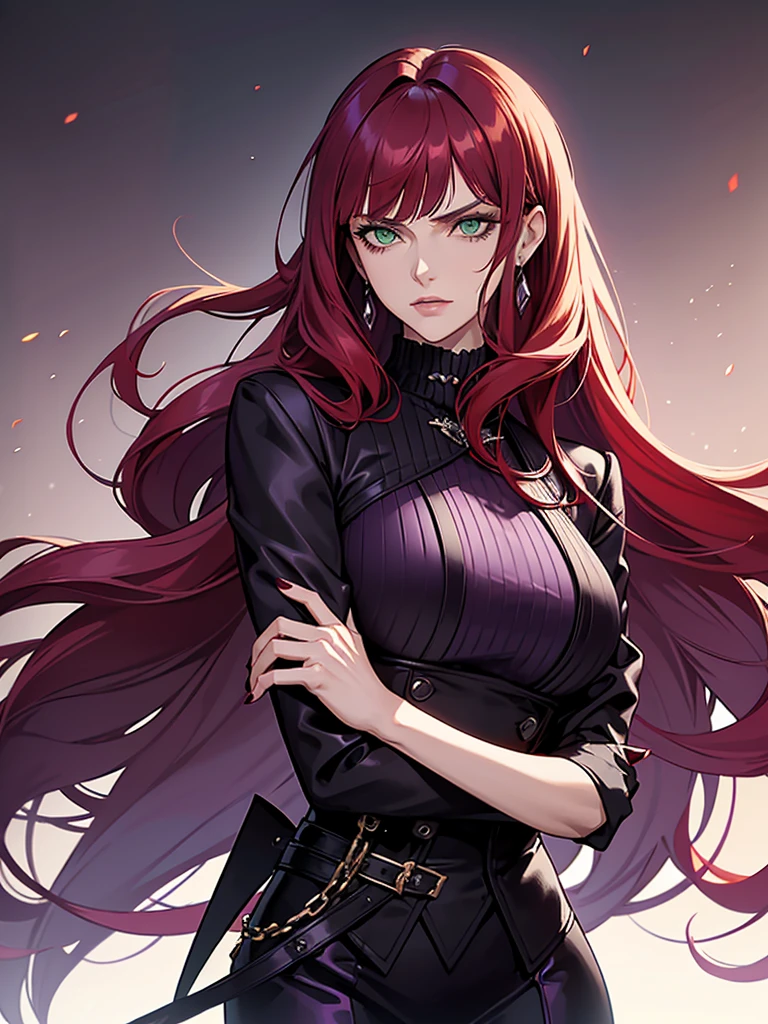 green eyes, red hair with long bangs, noble. sadistic women, wavy long hair. strong woman. purple jacket. she quiet. wear purple and black outfit. background in luxury mansion. dominant woman. mafia. mature woman. girl boss. badass woman. gangster