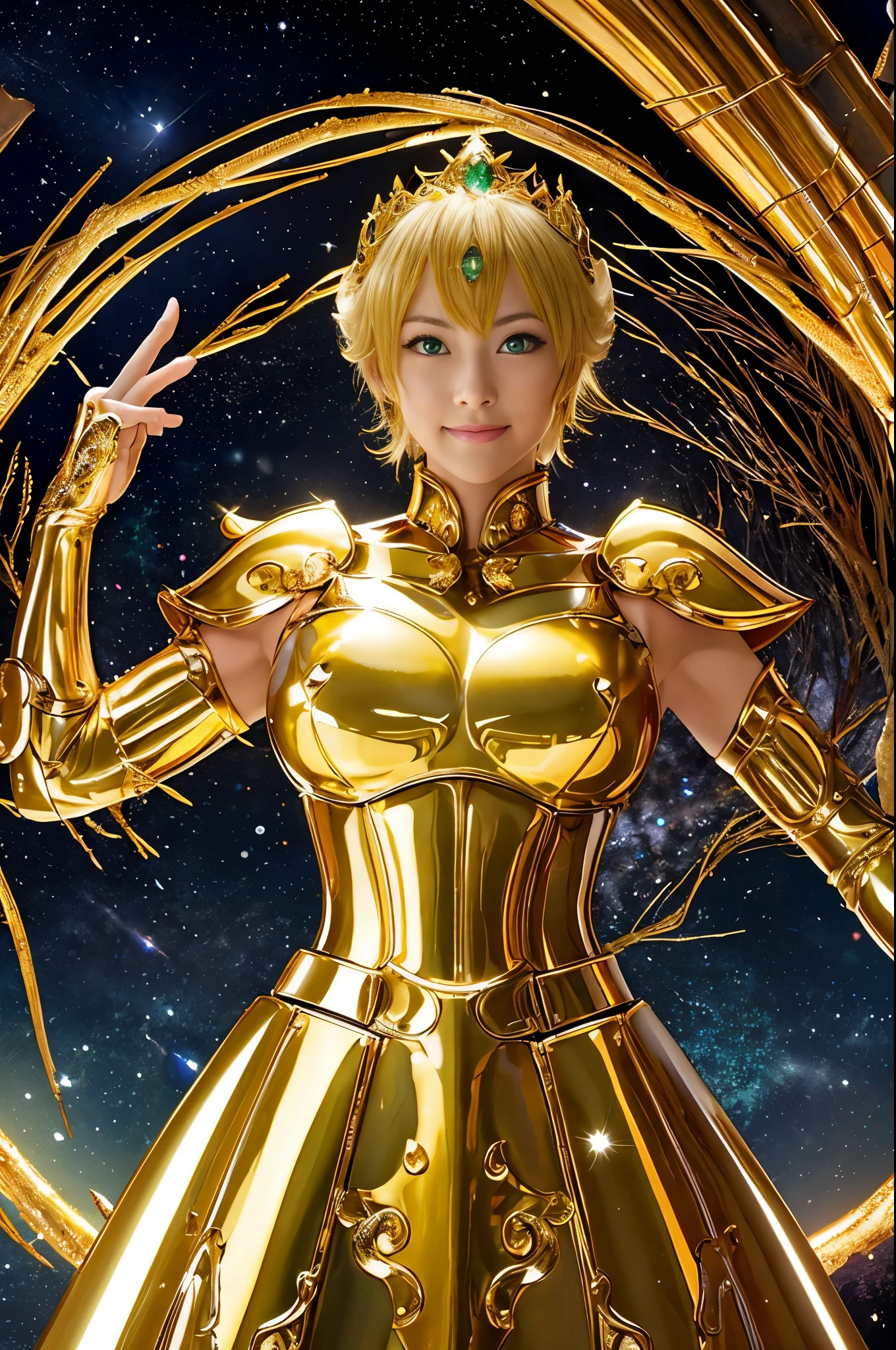 Highest quality, 8k, Super detailed, High resolution, Realistic skin texture, armor, (Realistically: 1.4), High resolution,Ultra HD、Ultra-clear、White and beautiful translucent skin、Beautiful and well-proportioned face、Cute smile、Saint Seiya of Libra、全身を黄金のarmorで覆う、黄金のarmorを纏った聖騎士、Golden Tiara、全身を派手な彫刻で覆う黄金のarmor、重厚感のある金色のarmor、Translucent beautiful green eyes、Blonde Short-Haired、Big Breasts、Outer space background、