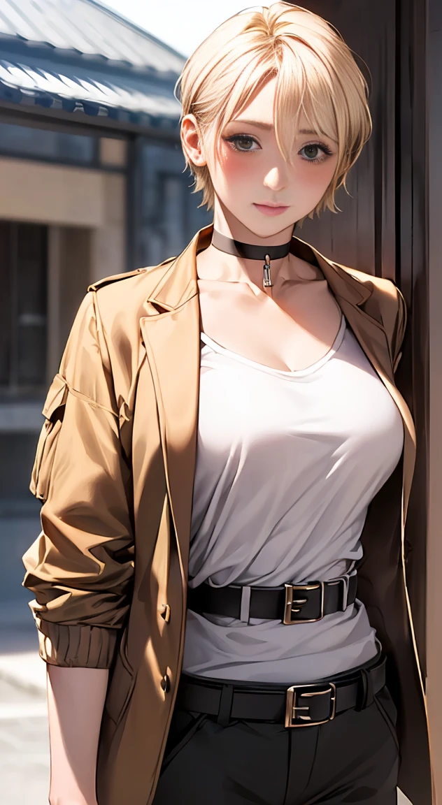 (masterpiece:1.2, Highest quality), (Realistic, photoRealistic:1.4), Beautiful illustrations, 
Looking at the audience, whole body, Front view:0.6, 
1 female, 2, Japanese, ((blonde:1.5, Handsome Short Hair:1.4)), No bangs, Hair between the eyes, ((height: 176 cm, Big Breasts:1.6, Narrow waist)) 
Beautiful Hair, Beautiful Face, Beautiful and detailed, (black eye:1.3), Beautiful clavicle, Beautiful body, Beautiful breasts, Beautiful thighs, Beautiful legs, Beautiful fingers, Perfect Anatomy:1.3, Cherry tree:1.3, 
(MA-1 Jacket:1.8, cargo pants:1.4, belt, choker:1.6)), White panties:1.6,  
(Looking at the viewer with a blushing face:1.3), ((NFSW:1.4))