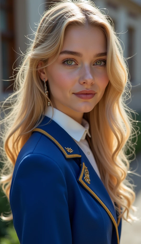 1 girl, full body shot (1.3),close up face shot (1.3), face shot, corridor,Soft Light, Russian Beauty,Light-haired,long hair, Elité School golden gate background, Russian-American gorgeous girl, with thick and long wavy the palest of golden blonde glossy hair, big and large wide shaped deep amber bright eyes, long and thick curly golden eyelashes, button upturned nose, high nose bridge, fullest and plumpest with a pout at the top rosy red luscious lips, oval face shape, shorter face, shorter chin, tiny face size, pale snow white traslucent perfect skin, whitening skin, hourglass shaped body, tiny and narrow waist, rounded hips, long and slender beautiful legs, big perfect brests (1.4), large breasts, bust size 84 cm, waist 57 cm, hips 86 cm, bra size 34 D, tall at 5’7, ((perfect body proportions)),full body image, realistic, photorealistic, ultradetailed, skin texture, hyperealismHigh Resolution, Closed Mouth, highly detailed, high resolution 8K, wearing a school uniform with a royal blue jacket with golden edges, a white shirt, a royal blue and golden plaid short skirt, a ribbon royal blue and golden hanged in the collar of the shirt, sewed in the jacket the emblem of the school in golden threads a crown with in capital letters SRH, with detailed accessories, highliting her horglass body, detailed jewlry, 18-years-old