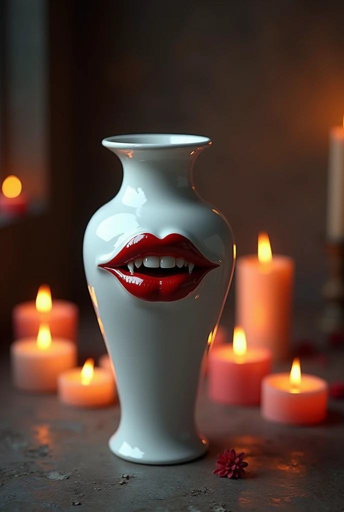 a white ceramic vase with red lips on it with vampire fangs, dark fantasy room lit by candles background