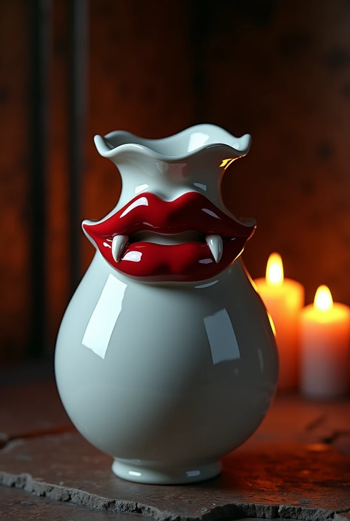 a white ceramic vase with red lips on it with vampire fangs, dark fantasy room lit by candles background