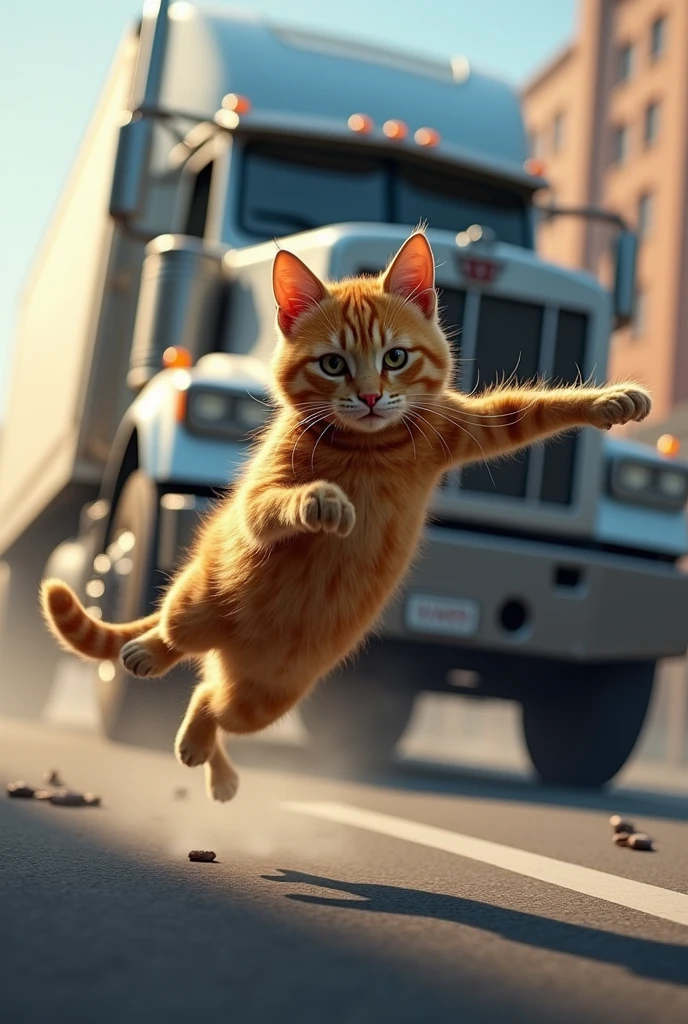 The father cat heroically throws the kitten to safety as a large truck is about to hit. The father is in mid-air, showing intense focus and determination, while the kitten is being safely thrown away. The truck is just about to collide in the background."