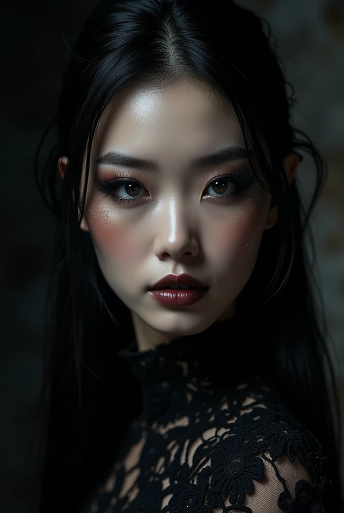 “Mystic Shadows”
Pose: A close-up shot with the Asian Goddess’s face partially obscured by shadows, creating a mysterious, enigmatic look.
Makeup: Metallic Dark, smoky eyes with a touch of glitter and a deep, matte lip.
Hairstyle: Sleek, pulled-back hair with a glossy finish.
Outfit: A high-fashion, dark lace ensemble with intricate patterns.
Details: Capture the interplay of light and shadow, emphasizing the realistic textures and the dark, mystic vibe.