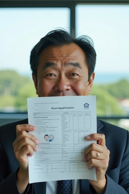 A 40-year-old Japanese office worker looks into the camera. Uncle smiled brightly, holding a job application form covering half of his face. His eyes lit up with mischief., witty. Behind him is the office scene with a window view overlooking the park next to the sea.. Real person photo.