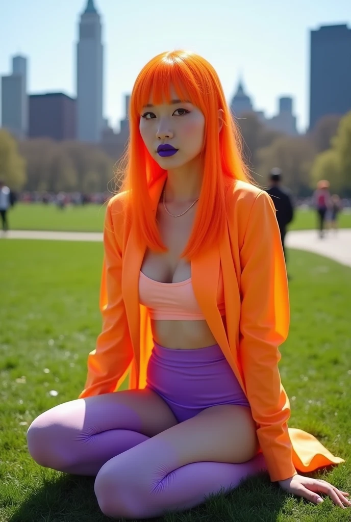 An eye-catching portrait of a trendy young Korean woman with albinism, sporting ultra-straight orange hair and striking purple lips. She is fashionably dressed in a light orange shirt, tight shorts, and purple stockings, sitting gracefully on the grass. The iconic Central Park in New York City serves as a vibrant backdrop, showcasing the skyline and lush greenery. The overall atmosphere of the photograph is bold, fashion-forward, and energetic., vibrant, portrait photography, fashion