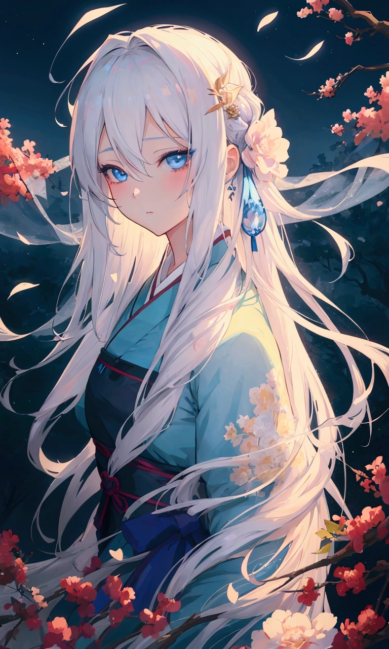 A girl with long white hair and blue eyes stands in a field, Anime style 4 k, guweiz style artwork, Anime style. 8K, digital Anime Illustrations, Anime styled digital art, Stylized anime, Beautiful anime portrait, Anime style portrait, palace ， Girl wearing Hanfu, Digital Animation Art, soft Anime Illustrations, Anime Illustrations