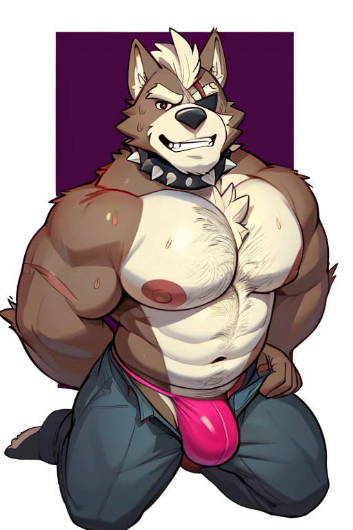 Wolf O'Donnell, big butt, bara, solo, fluffy long wolf tail, , thick thighs, daddy, 4k, HI res, BARA pecs, 5 fingers, sweat, hd, brown eyes, masterpiece, big PECS, chest hair, navel hair, bulge, big bulge, masterpiece, mature male, manly, beefy, by sugaryhotdog, detailed bulge, detailed eyes, bedroom eyes, himbo, by darkgem, muscular, nude, huge butt, wide hips, narrow eyes, thick eyebrows, spike collar, , angry, balls, low hangers, cock out, annoyed, eye patch on left eye, scars all over body, very large pecs, strong physique, very muscular, perfect anatomy, strong jaw, giant biceps, anime style, 80s anime style, anime artstyle, huge hairy pecs, muscular, smirking, smug expression, pink thong, pants being pulled down, ass focus, on all fours, ((on whole body)), ass pointing at viewer, arched back, showing feet, soles, shocked expression