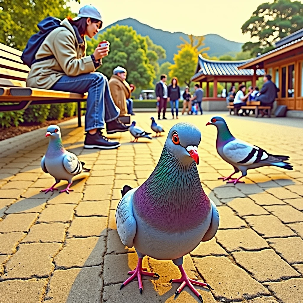 A pigeon looking at the camera sitting on a bench with a young pretty woman holding a coffee cup, Realistic Anime 3D Style, Japanのポップシュルレアリスム, Sakimichan, Japan, Ultra-realistic painting, [ Realistic photos ]!!, Surreal 3D digital art, Surreal 3D digital art, Japonism 3d ultra detailed、かわいいJapan人の女の子, Girl images, A ite girl with a curvaceous figure, A real 2 girl, No makeup、Babapanの美少女,