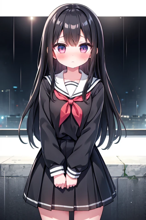 One girl, Long black hair,Schoolgirl uniform, shy, blush, Wet, rain, transparent, (masterpiece, Highest quality), Soft Light, Structure of the film, Cinematic Light