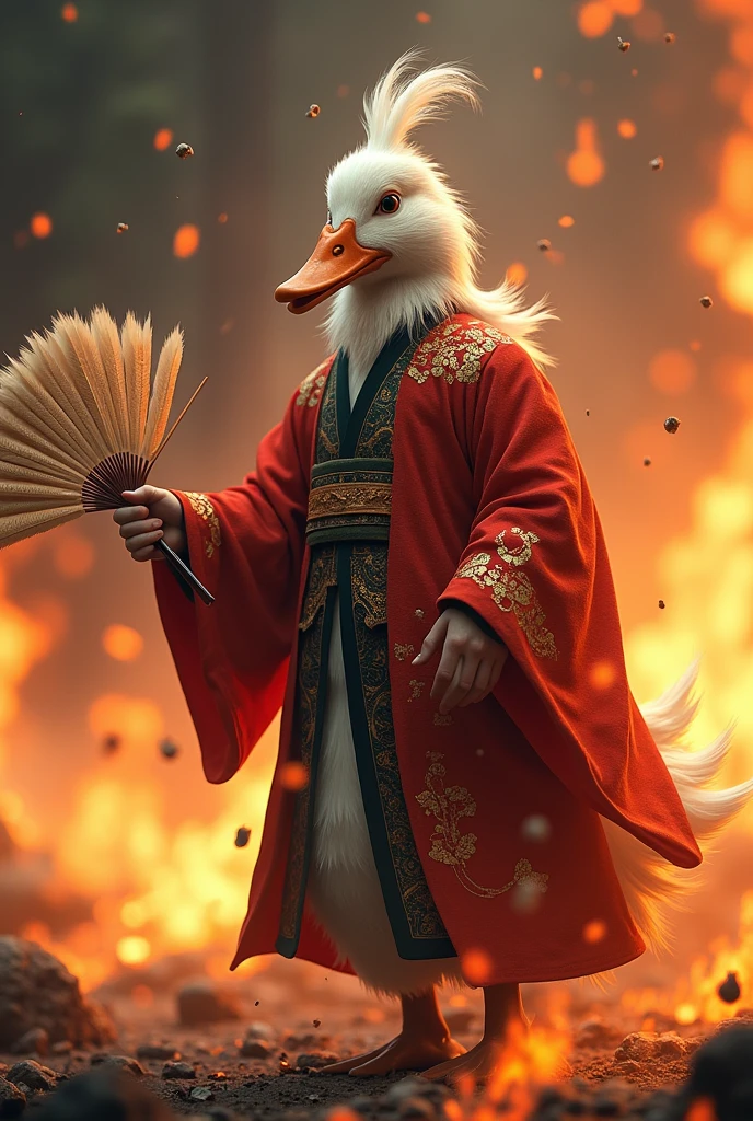 Duck head on a zhuge liang body, wearing zhuge liang outfit, holding zhuge liang feather fan, fire everywhere