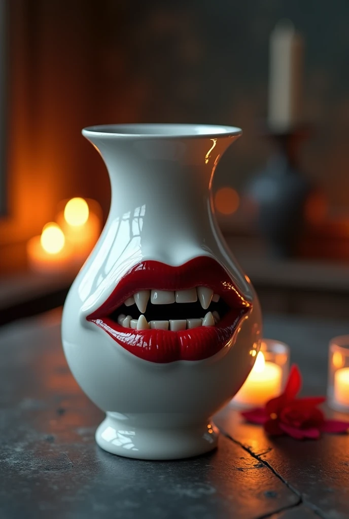 a white ceramic vase with red lips on it with vampire fangs, dark fantasy room lit by candles background