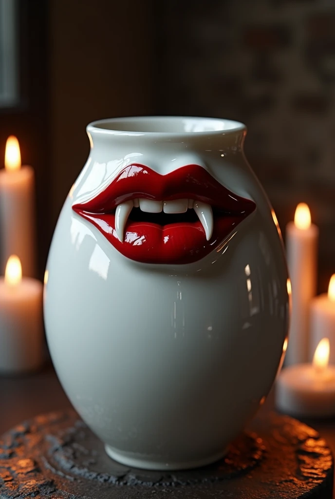 a white ceramic vase with red lips on it with vampire fangs, dark fantasy room lit by candles background