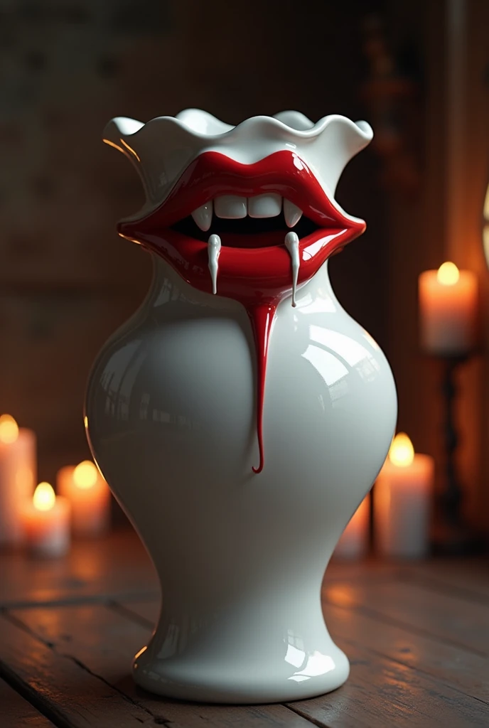 a white ceramic vase with red lips on it with vampire fangs, dark fantasy room lit by candles background