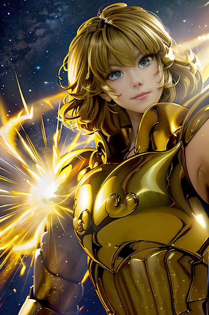 Highest quality, 8k, Super detailed, High resolution, Realistic skin texture, armor, (Realistically: 1.4), High resolution,Ultra HD、Ultra-clear、White and beautiful translucent skin、Beautiful and well-proportioned face、Cute smile、Saint Seiya of Libra、全身を黄金のarmorで覆う、黄金のarmorを纏った聖騎士、Golden Tiara、全身を派手な彫刻で覆う黄金のarmor、重厚感のある金色のarmor、Translucent beautiful green eyes、Blonde Short-Haired、Big Breasts、Outer space background、