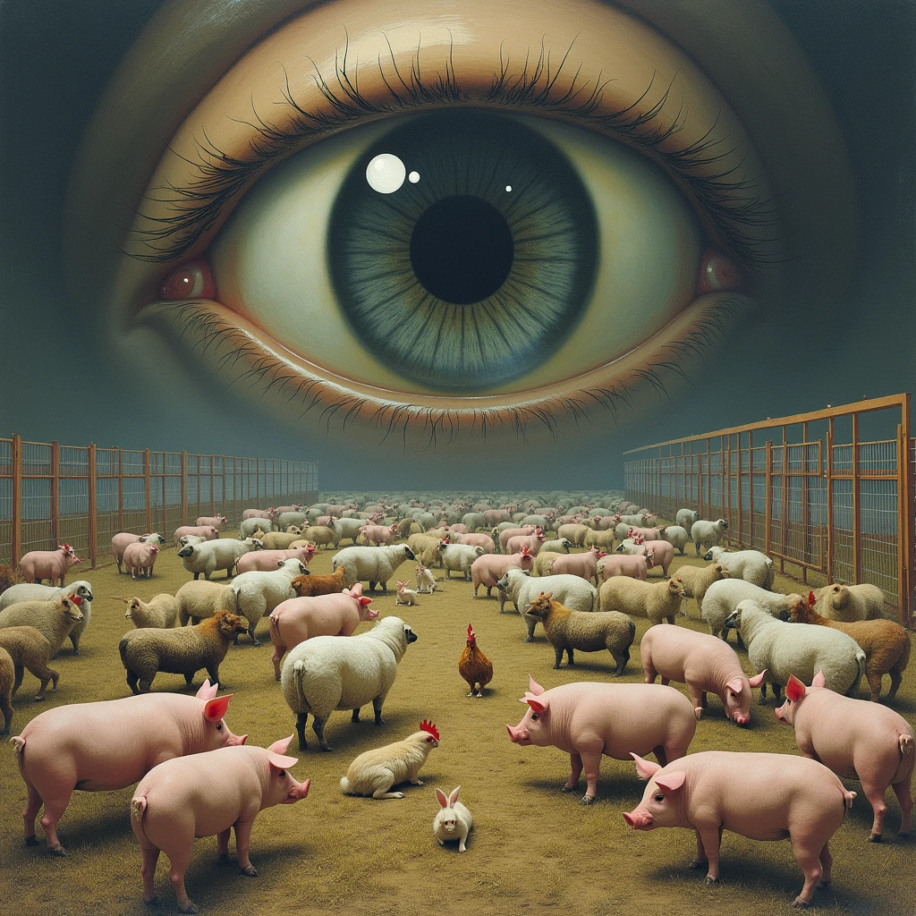 (Stile pennellate di colore). A massive, all-seeing eye looms high above, gazing intently down at a vast enclosure filled with a diverse group of animals. Below, the enclosed space is crowded with pigs, sheep, chickens, and rabbits, all huddled together within the confines of the immense, fenced-in area. The animals appear restless and uneasy, their movements restricted as they roam within the boundaries of the enclosure. The eye, almost otherworldly in its presence, casts a watchful, omnipotent gaze, creating a sense of surveillance and control over the scene. The contrast between the natural innocence of the animals and the eerie, authoritative eye above adds a layer of tension and discomfort to the image, suggesting themes of power, control, and vulnerability.