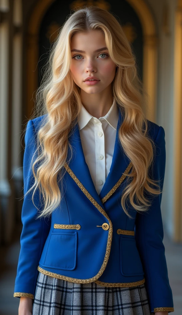 1 girl, full body shot (1.3),close up face shot (1.3), face shot, corridor,Soft Light, Russian Beauty,Light-haired,long hair, Elité School golden gate background, Russian-American gorgeous girl, with thick and long wavy the palest of golden blonde glossy hair, big and large wide shaped deep amber bright eyes, long and thick curly golden eyelashes, button upturned nose, high nose bridge, fullest and plumpest with a pout at the top rosy red luscious lips, oval face shape, shorter face, shorter chin, tiny face size, pale snow white traslucent perfect skin, whitening skin, hourglass shaped body, tiny and narrow waist, rounded hips, long and slender beautiful legs, big perfect brests (1.4), large breasts, bust size 84 cm, waist 57 cm, hips 86 cm, bra size 34 D, tall at 5’7, ((perfect body proportions)),full body image, realistic, photorealistic, ultradetailed, skin texture, hyperealismHigh Resolution, Closed Mouth, highly detailed, high resolution 8K, wearing a school uniform with a royal blue jacket with golden edges, a white shirt, a royal blue and golden plaid short skirt, a ribbon royal blue and golden hanged in the collar of the shirt, sewed in the jacket the emblem of the school in golden threads a crown with in capital letters SRH, with detailed accessories, highliting her horglass body, detailed jewlry, 16-years-old