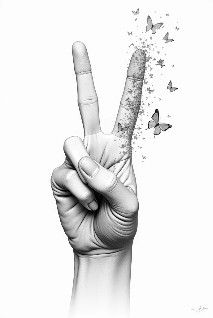 drawing hiperrealista de mano abierta con dedo índice y dedo medio transformándose en fragmentos y mariposas, the rest of the hand remains normal, hand position in peace sign, black and white color, Front view, defined lines style, drawing.