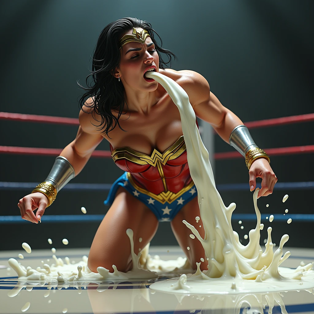 (sweaty)(muscular)A very sweaty Wonder Woman is vomiting in the ring, she spits out lot of visible milk repeatedly. Lot and Lot of milk continously dropping from her mouth to the floor. There is lot of sweat on her muscular body. She's coughing and breathing hard.