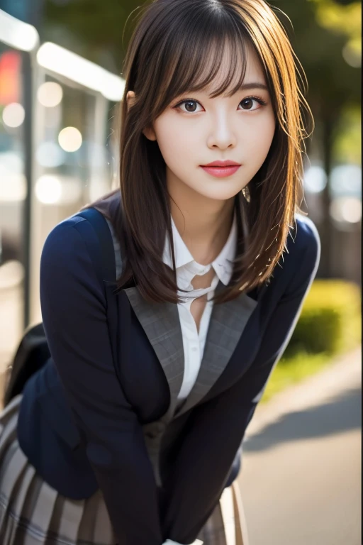 8k, RAW Photos, Highest quality, masterpiece:1.2), masterpiece, Highest quality, shape, Very detailed, The finer details, High resolution, 8k,wallpaper, Perfect dynamic composition,(High quality with attention to detail, Realistic depiction of eyes:1.3)、A woman who has been and has her hands tied、Put your arms around my back, Tie your hands behind your backk, 2woman、Standing by a forest lake at night、Wearing a navy blue long sleeve blazer、Long sleeve blouse、Tartan Check Pleated Skirt、whole body、The whole thing faces forward、21Talented People、beauty、Well-formed face、Even out the eyes、Beautiful black hair、Bangedium Build、Balanced proportions、Beautiful feet、Fresh face、Beautiful night sky、whole body