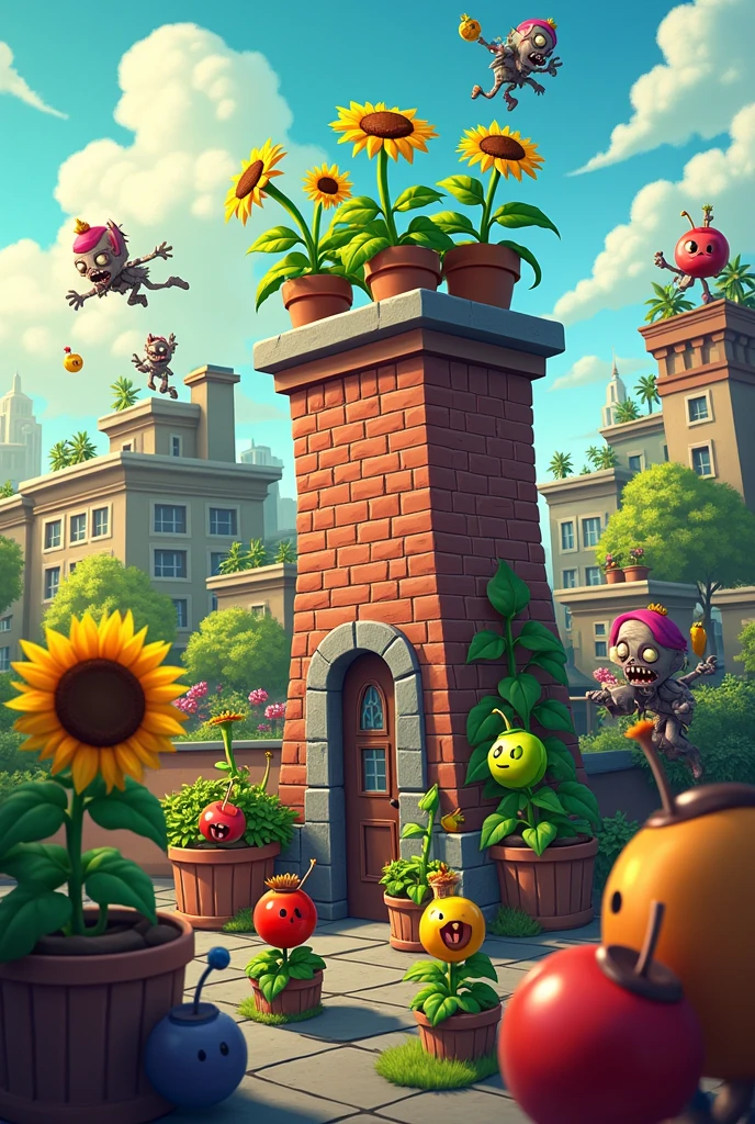 gameplay of Planta vs Zombies on the roof with chimney by bunch of plants defending chimney from bunch of zombies