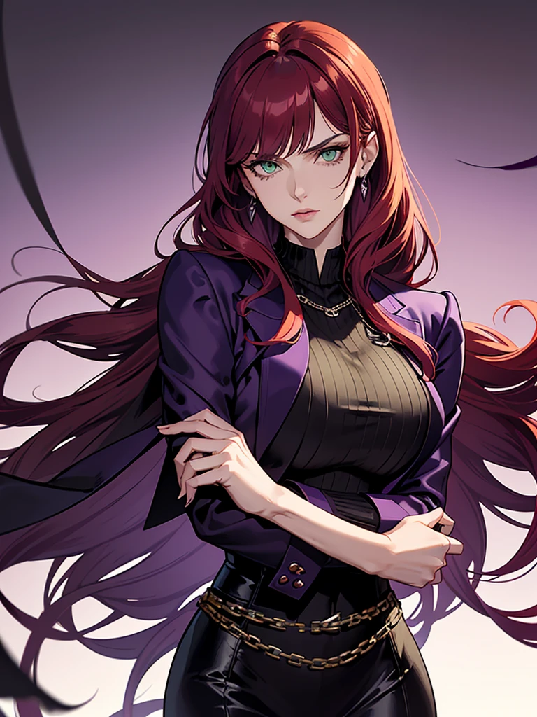 green eyes, red hair with long bangs, noble. sadistic women, wavy long hair. strong woman. purple jacket. she quiet. wear purple and black outfit. background in luxury mansion. dominant woman. mafia. mature woman. girl boss. badass woman. gangster