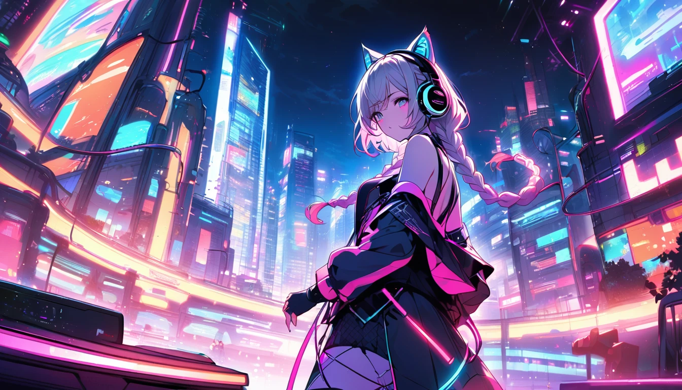 Beautiful 1, single, girl with braids, hair with glowing wires Wears a half hat, headphones, cat ears, mixed with sci-fi and neon tones. In the background is a robot with neon lights. The background image is a large robot, clearly visible. ,on stage, playing keyboard View from inside In a futuristic cityscape at night, she is performing at a neon-lit rooftop party, with the sprawling city lights in the background.