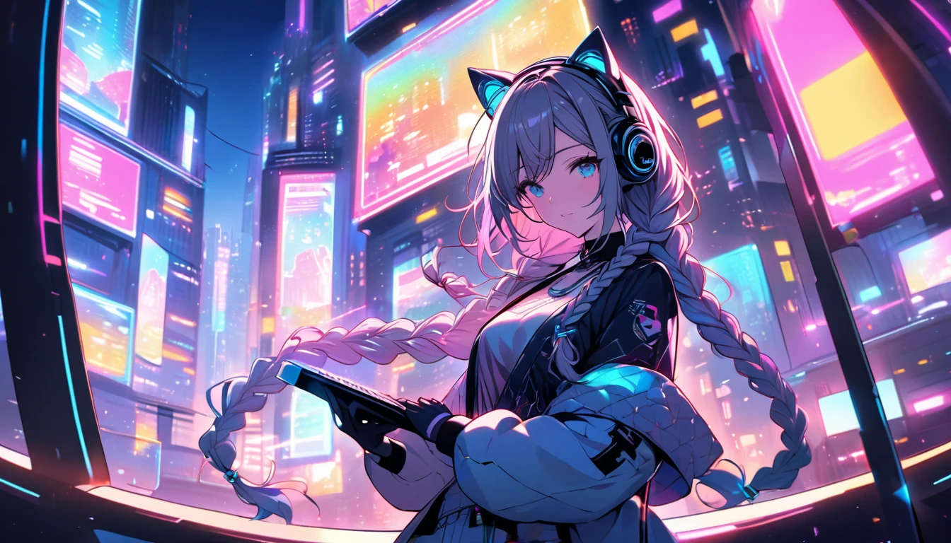 Beautiful 1, single, girl with braids, hair with glowing wires Wears a half hat, headphones, cat ears, mixed with sci-fi and neon tones. In the background is a robot with neon lights. The background image is a large robot, clearly visible. ,on stage, playing keyboard View from inside In a futuristic cityscape at night, she is performing at a neon-lit rooftop party, with the sprawling city lights in the background.