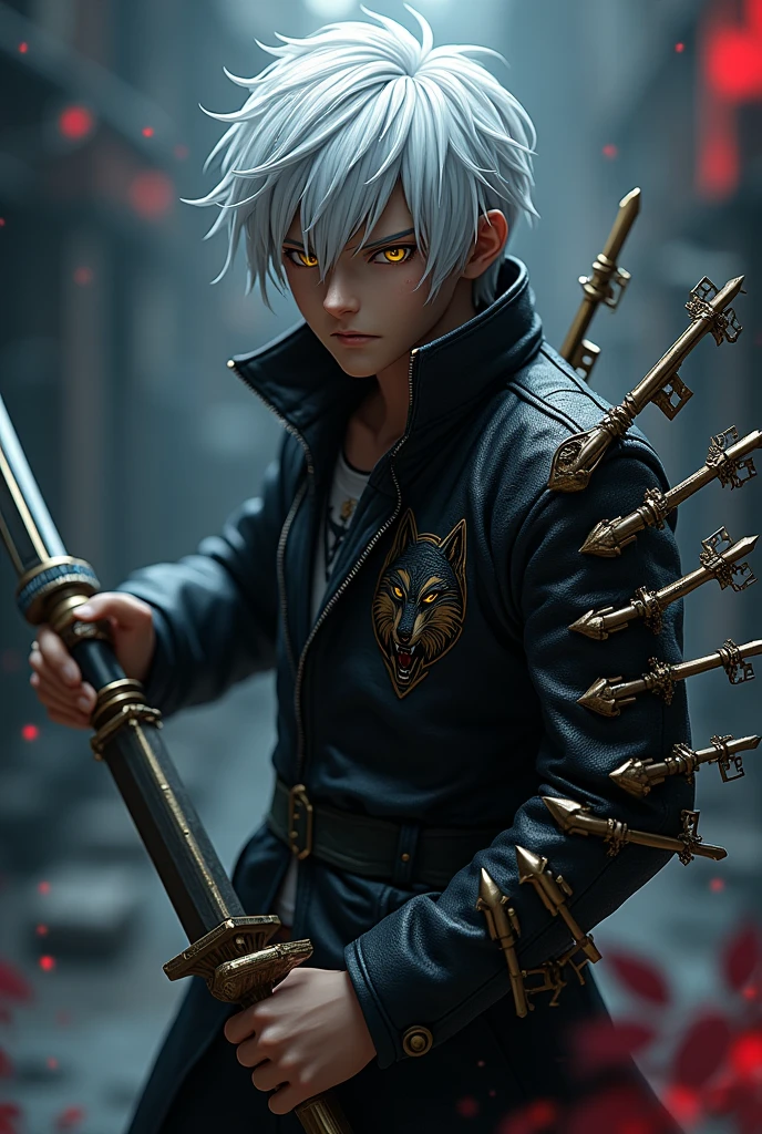 animated, man, White hair, black eyebrow, yellow pupil, two blade user, black jacket with wolf logo and two sabers, arm with 12 keys (6 each side), the keys are punched into the arms