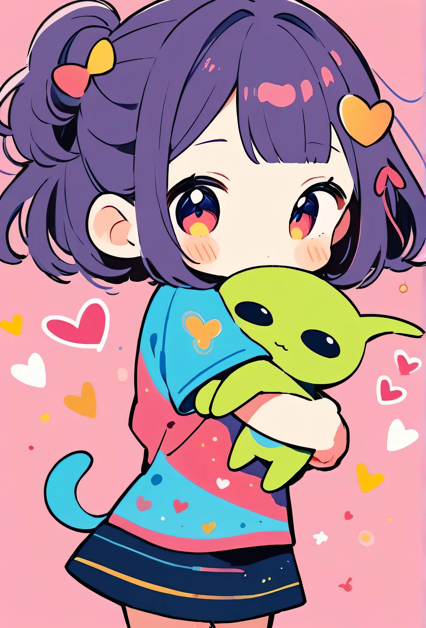 Momoko Sakura colorful style, Simple Line Initialism,Abstract art,Kawaii Design, The most beautiful girl of all time、chibi, (((Hug Cute humanoid alien))), (((Cute humanoid aliens))), colorful hearts, summer version,