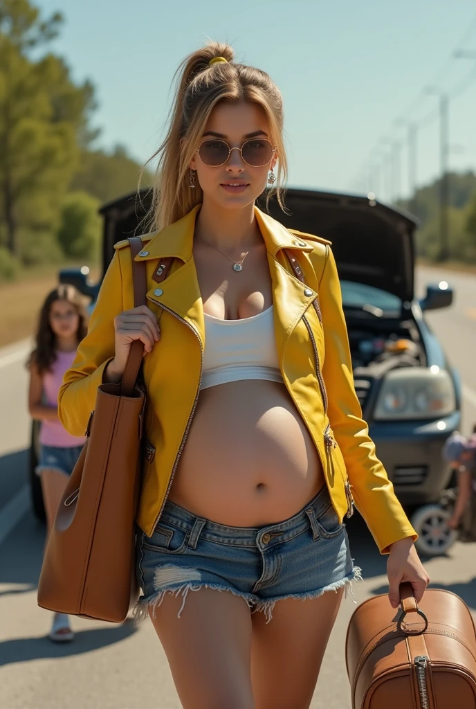 Femme enceinte cheveux attaché veste cuir jaune mini short jean grand sac a main valise, avec ses filles, leur voiture est en panne avec le capot ouvert