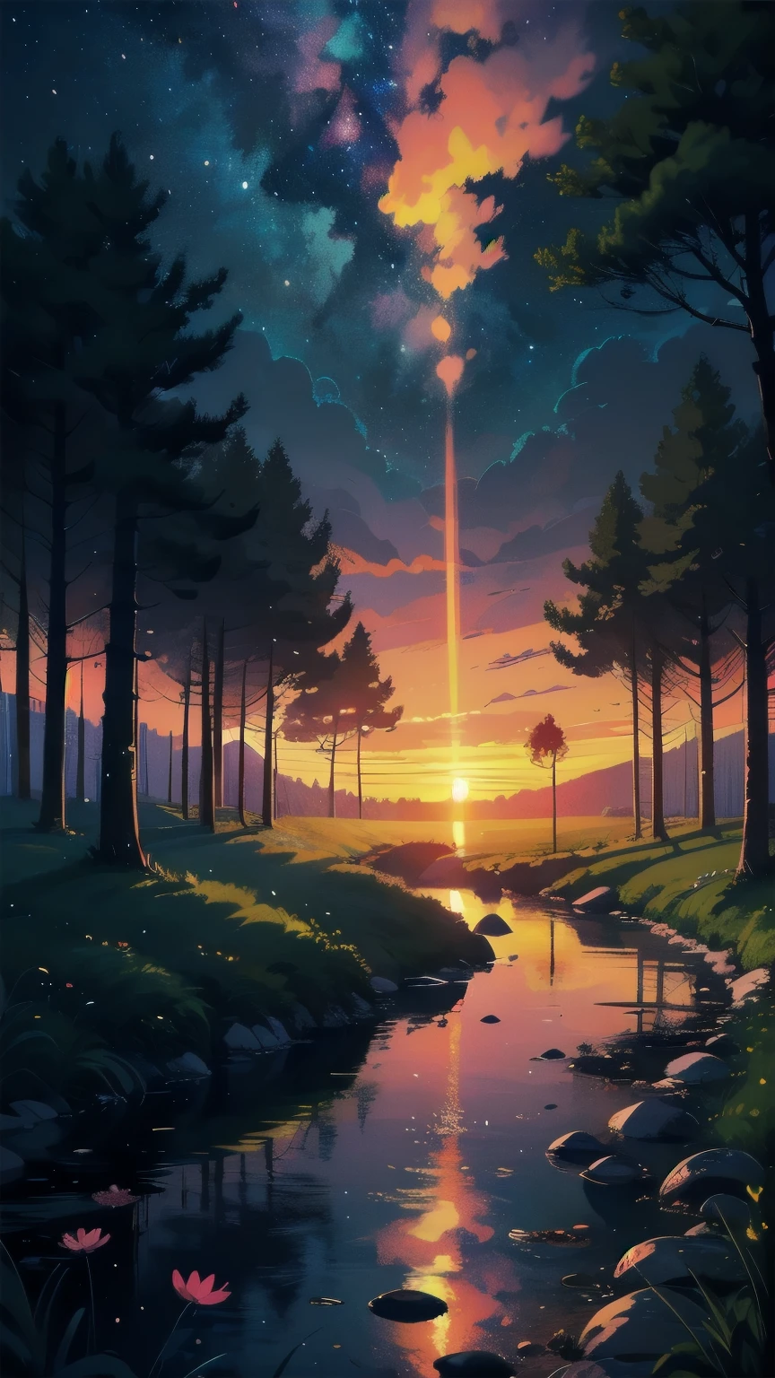illustration, cartoon, soothing tones, calm colors, (anime), (illustration), cartoon, detailed, masterpiece, beautiful landscape, forest, pond, pathway,night, nebula, starry sky, best quality, 8k, award-winning, dark shot, detailed, The light of the setting sun reflects fantastically from the seaside and scatter, sunset
