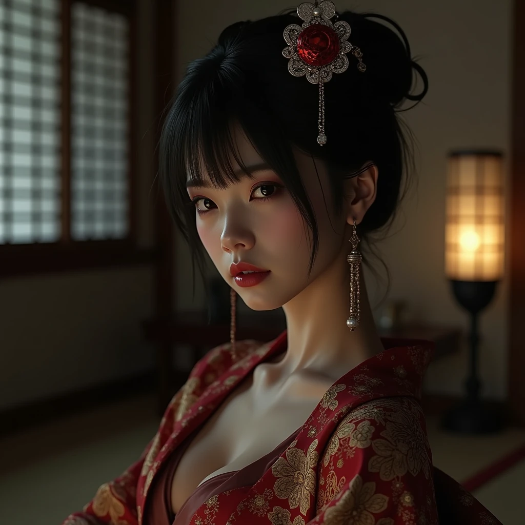 big breasted japanese woman in elaborate kimono, ornate shrine, cinematic atmosphere, (best quality,4k,8k,highres,masterpiece:1.2),ultra-detailed,(realistic,photorealistic,photo-realistic:1.37),(looking at viewer),highly detailed face,beautiful detailed eyes,beautiful detailed lips,extremely detailed eyes and face,long eyelashes,intricate kimono design,ornate shrine background,warm lighting,dramatic shadows,vibrant colors,photorealistic