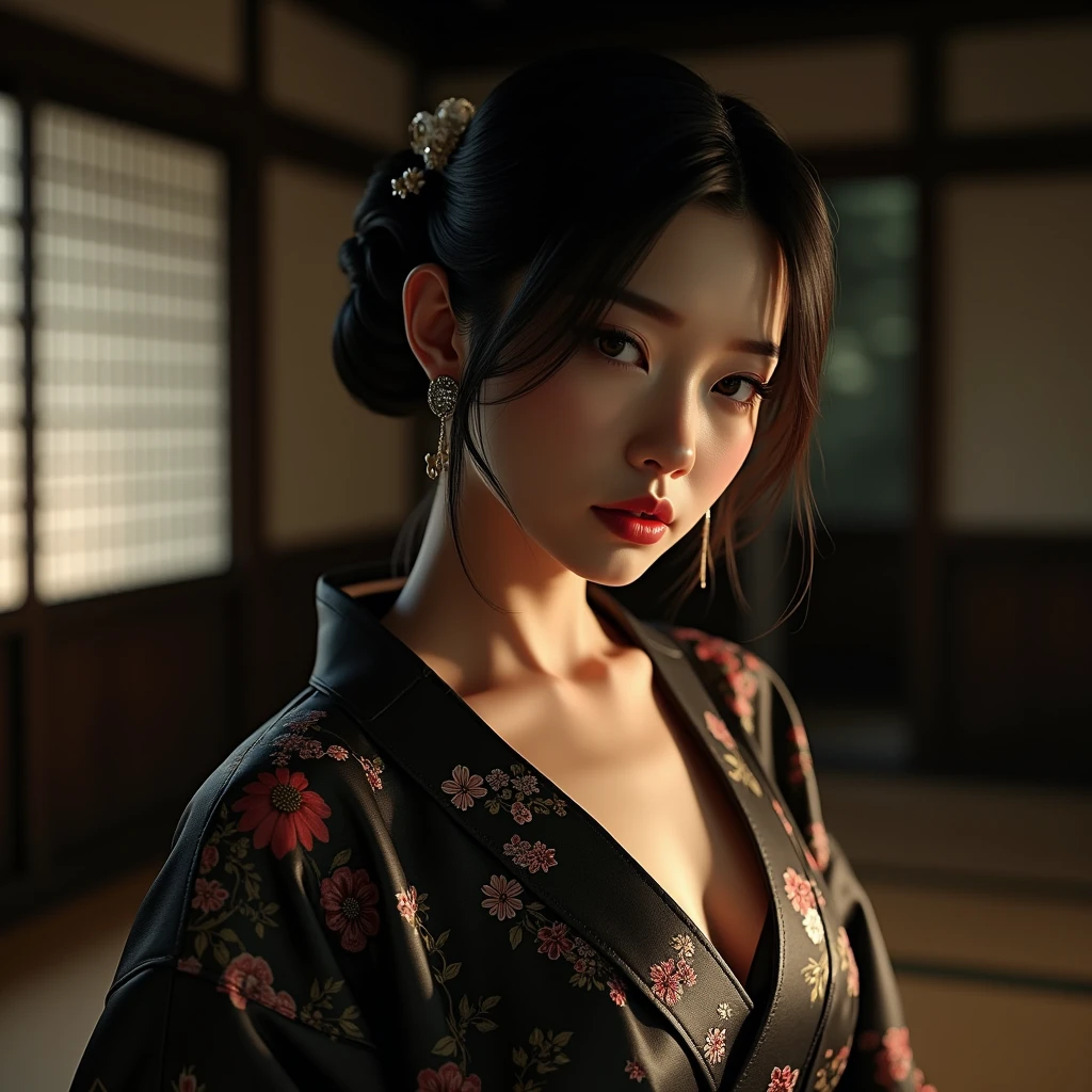 Beautiful and seductive Japanese woman in a brothel, detailed facial features, traditional kimonos with elegant and intricate patterns, traditional Japanese house, tatami mats, shoji screens, sliding doors, dramatic lighting, cinematic composition, muted color palette, dramatic chiaroscuro, gothic atmosphere, (Best Quality, High Resolution, Masterpiece: 1.2), Ultra-detailed, (Realistic, Photo-realistic: 1.37), nihongami, jeweled branch of hourai, earrings, Photorealistic, cowboy shot, anatomically correct, award winning, 16k, 8k