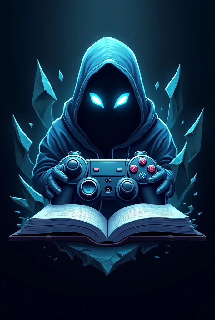 This is a gaming logo that features the name “TEAM DEATHNOTE ” in a futuristic font and a  blue color. and scary gost Anime avtar, The logo also has a stylized controller icon and a opne book background. The logo is designed to be attractive and eye-catching, and to appeal to gaming enthusiasts and YouTube viewers.