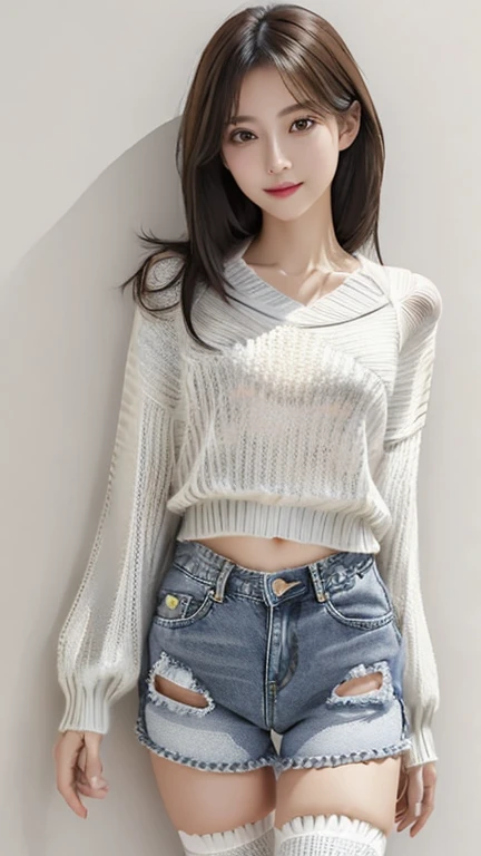Non-NSFW、Real、Highest quality、Highest quality、masterpiece、Ultra-high resolution、RAW Photos、Real、Bright lighting、Face Light、Smooth Professional Lighting、Looking into the camera、alone、Adult women、Beautiful woman、very cute、Realな肌、Moisturized Skin、Realな目と顔、Perfect model body、Beautiful Eyes、Big eyes、Inconspicuous tear bags、slim、No bra、Beautiful fingers、Very long hair, clavicle, (mature:1.3), Highest quality, Humidity, attractive,skinny, smile, no_panties, Large Breasts, (rain black hair), (Waist-length hair:1.5), Small Ass, Gray background, lips, Realistic, (Cropped knit sweater:1.5), (Denim shorts:1.4), (white thighhighs:1.2)