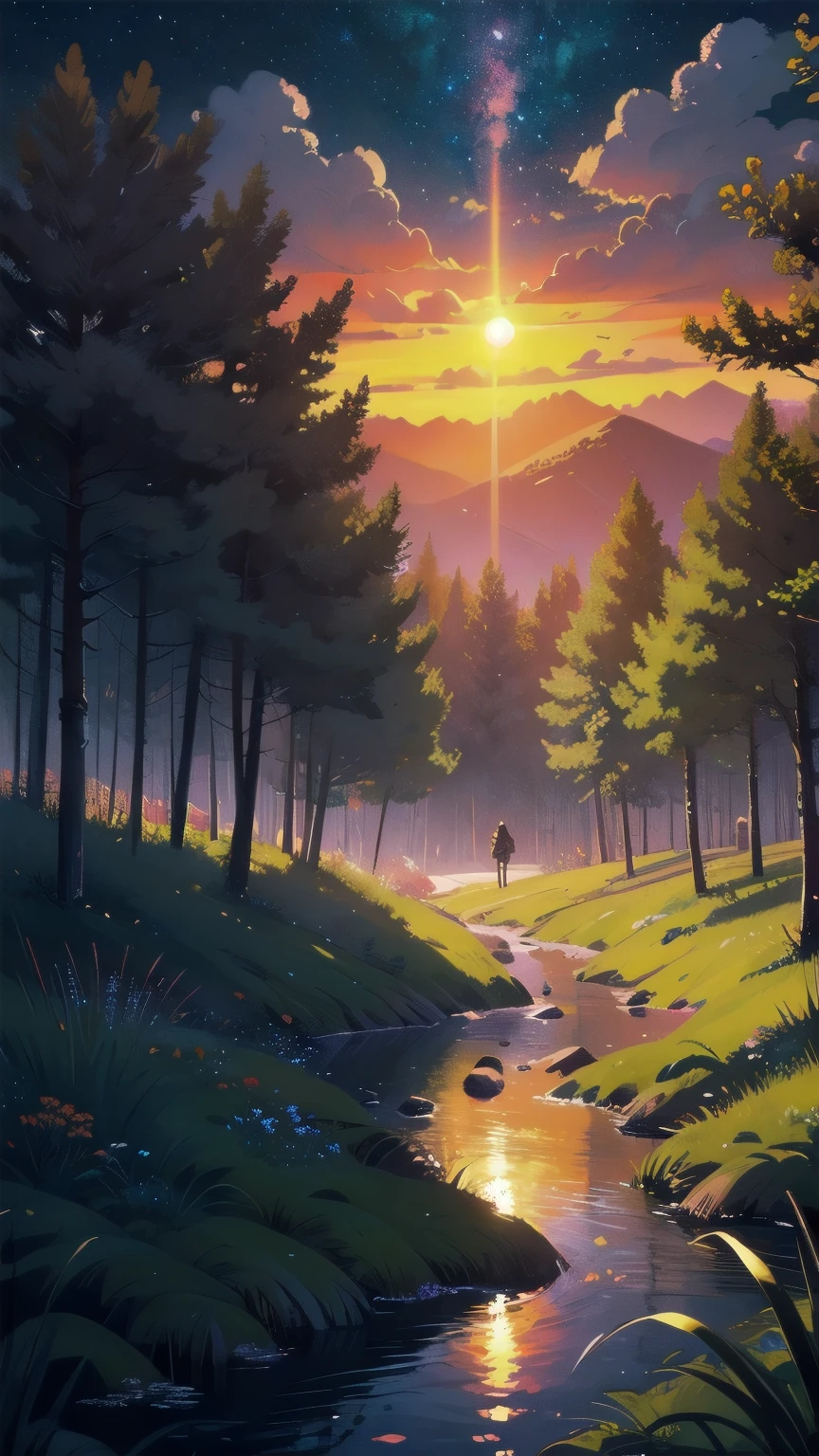 illustration, cartoon, soothing tones, calm colors, (anime), (illustration), cartoon, detailed, masterpiece, beautiful landscape, forest, pond, pathway,night, nebula, starry sky, best quality, 8k, award-winning, dark shot, detailed, The light of the setting sun reflects fantastically from the seaside and scatter, sunset