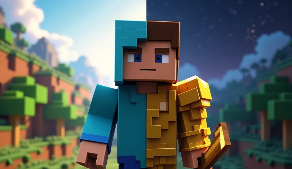 "Create a 16:9 split-screen image of a Minecraft character facing forward. In the first half, the character wears a blue hoodie, standing with empty hands in a vibrant, daylight Minecraft world with lush trees and a stunning landscape. The scene is colorful and captivating. In the second half, the same character is fully adorned in gleaming golden armor, holding a golden pickaxe. The background is a beautiful Minecraft world at night, with a starry sky and atmospheric lighting, creating a striking and eye-catching contrast."
