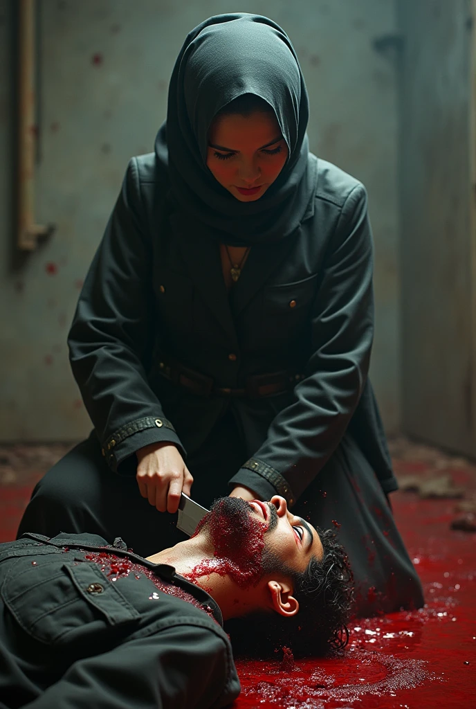 Realistic, A very beautiful muslimah hero girl knife, cut throat A boy prisoner blindfold neck bloody splash, full body, wide open throat, throat contents