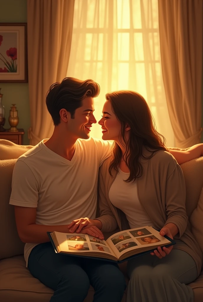 Prompt 3: In a cozy, golden-lit living room, a young man and woman sit on a sofa, looking at a photo album. As they turn the pages, they laugh and smile, reminiscing about the past. The man places his hand on hers and looks into her eyes, expressing his unending love. The room is filled with warmth, the golden light reflecting the everlasting bond they share.