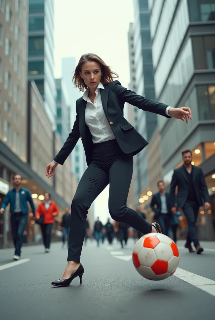 Bussineswoman kicking soccer Ball in street
