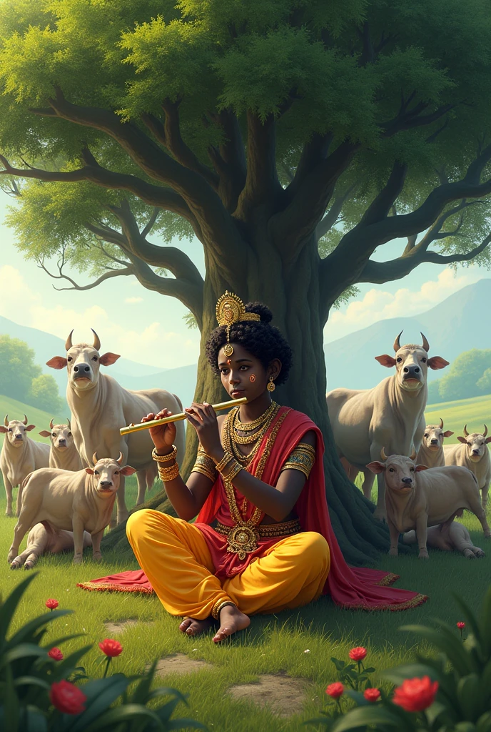 Hindu god krishna sitting under a tree with his flute and lots of cow around him